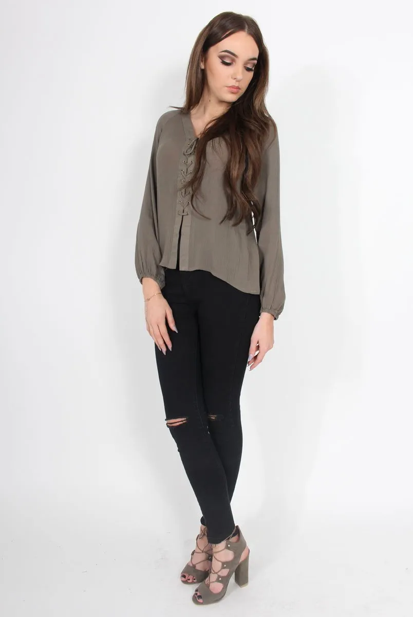 Andrea Grey Long Sleeve Tie Top