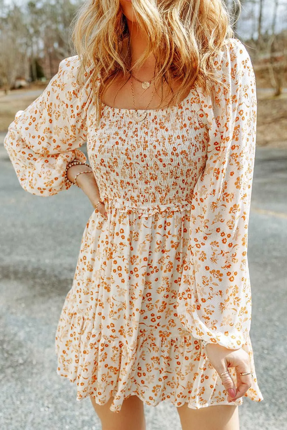 Apricot Boho Floral Smocked Puff Sleeve Short Dress