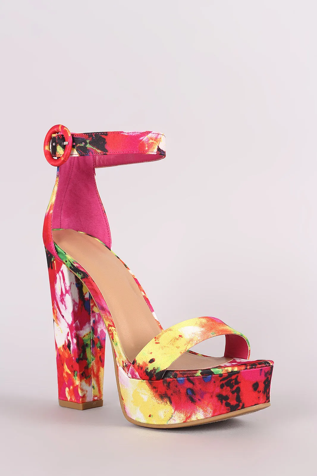 Bamboo Floral Print Open Toe Platform Chunky Heel