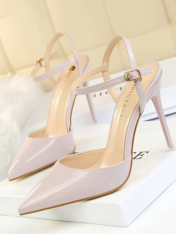 Belt Buckle Pointed-Toe Shiny Split-Joint Pumps Sandals