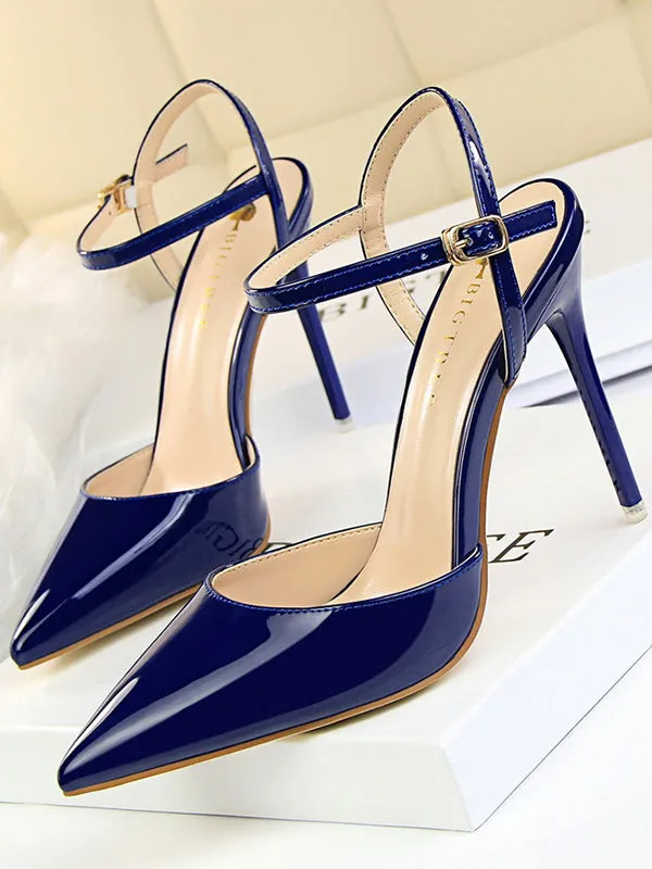 Belt Buckle Pointed-Toe Shiny Split-Joint Pumps Sandals