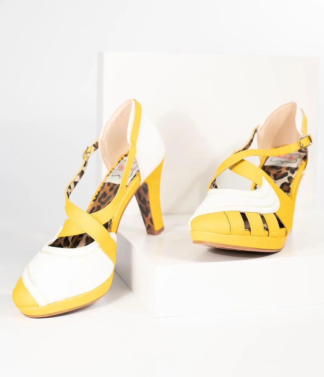 Bettie Page Yellow & White Leatherette Criss Cross Angie Heels