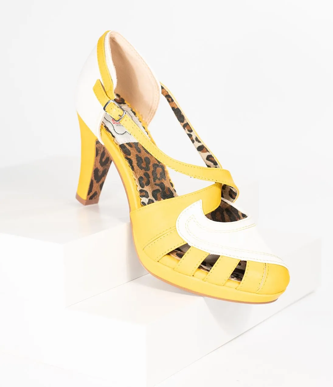 Bettie Page Yellow & White Leatherette Criss Cross Angie Heels