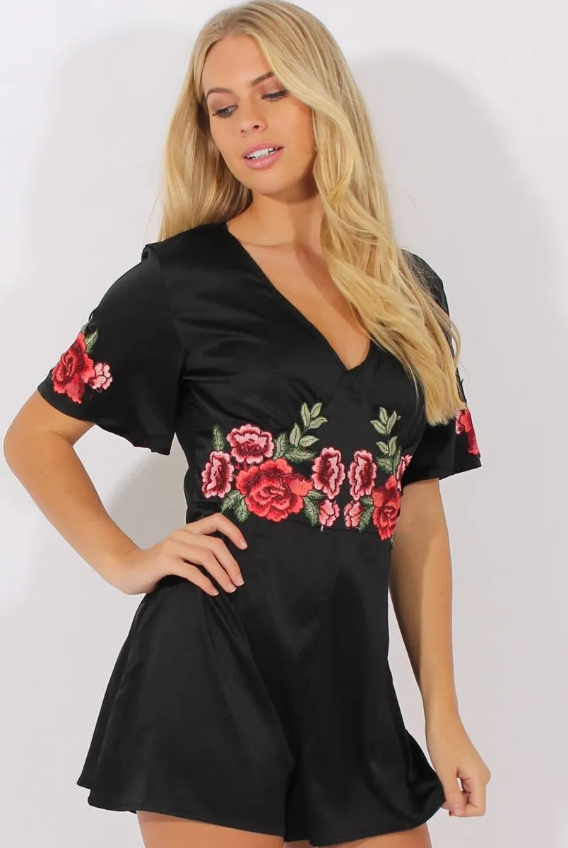 Black Short Sleeved Embroidered Playsuit - Carmen