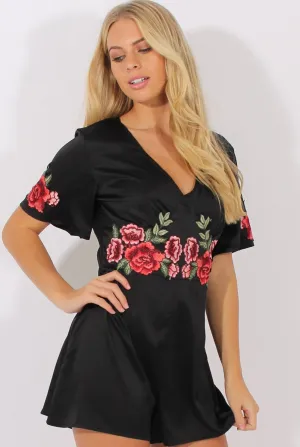 Black Short Sleeved Embroidered Playsuit - Carmen