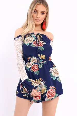 Blue Floral Bardot Playsuit with Lace Sleeves - Caroline