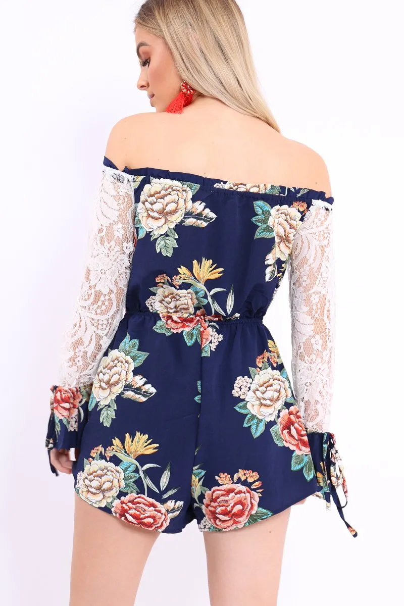 Blue Floral Bardot Playsuit with Lace Sleeves - Caroline