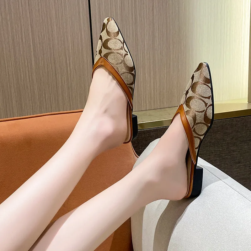 Classic Taupe Letter Print Flat Mules