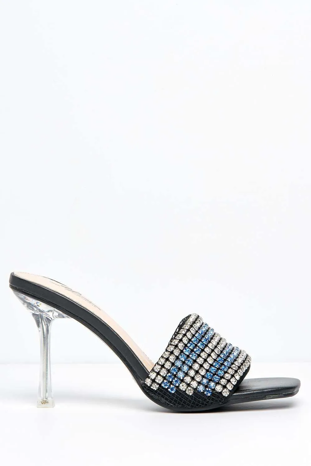 Crystalya Diamante Embellished Perspex Heel Mules in Blue