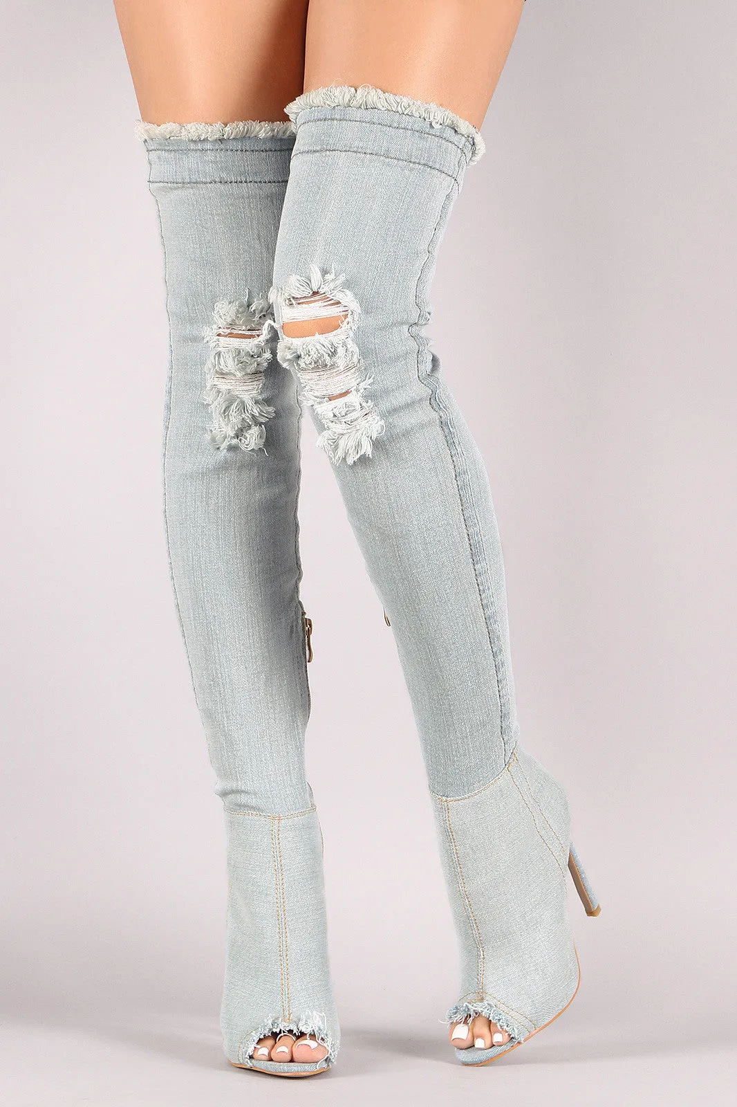 Distressed Denim Stiletto Over-The-Knee Boots