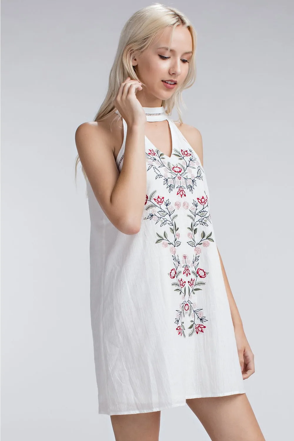 Embroidered Halter Mini Dress, Ivory