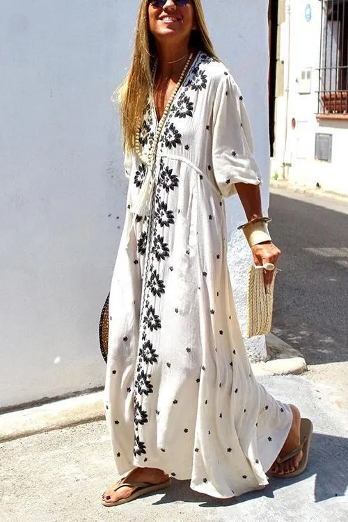 Embroidery V Neck Long Sleeve Maxi Dress