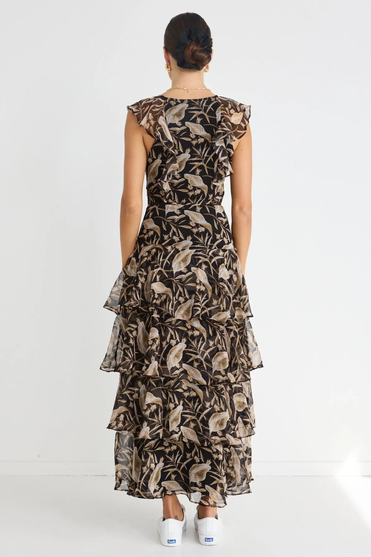 Everly Golden Black Floral Flutter Sleeve Tiered Maxi Dress