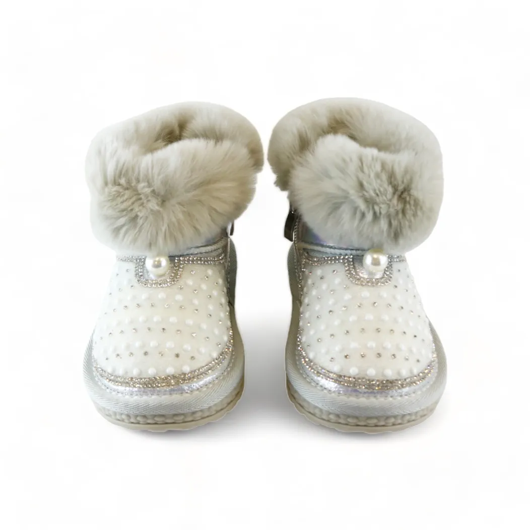 Handcraft Rhinestone & Pearl Furry Boot - Silver