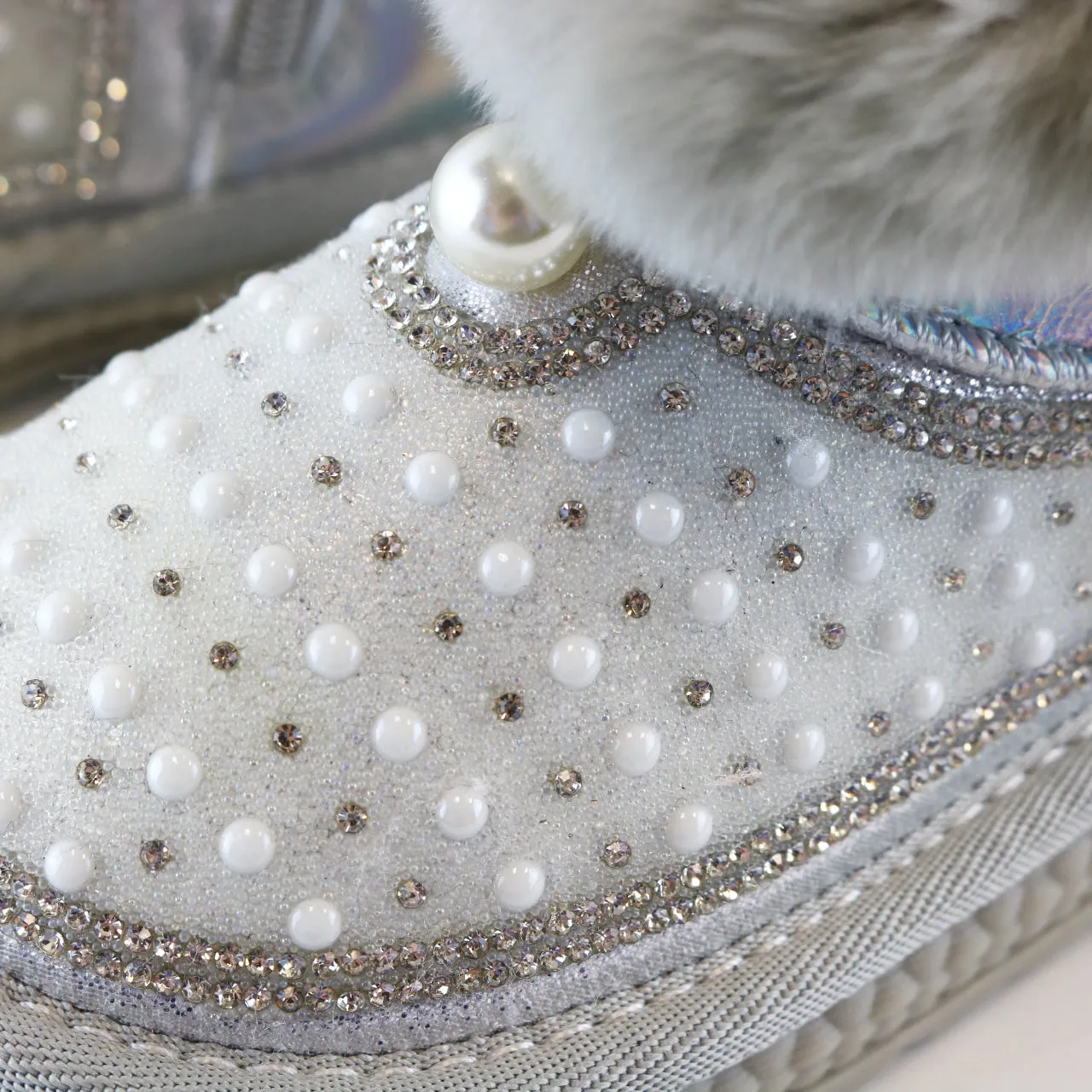 Handcraft Rhinestone & Pearl Furry Boot - Silver