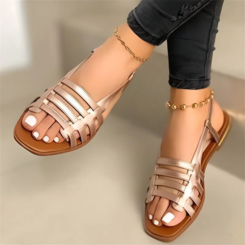 Ladies Summer Leather Flats Round Toe Flat Sandals Women Adjustable Buckle Strap