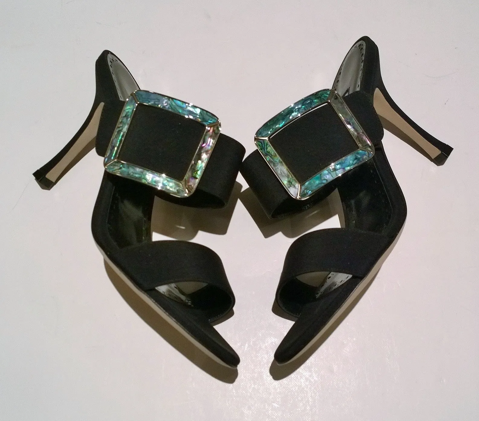 Manolo Blahnik Gable Black Crepe de Chine Mother of Pearl Buckle Slides Sandals New Heels