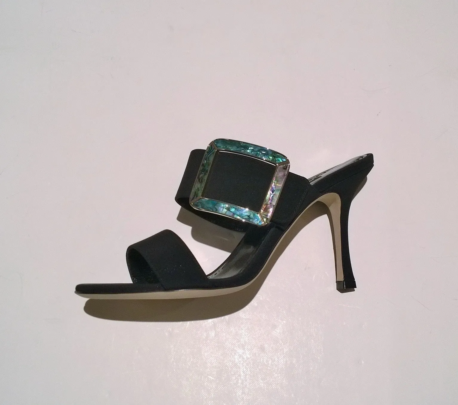 Manolo Blahnik Gable Black Crepe de Chine Mother of Pearl Buckle Slides Sandals New Heels