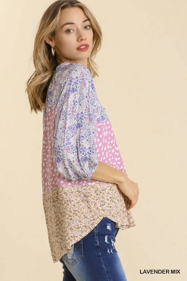 Mixed Colorblock Print Top, Lavender