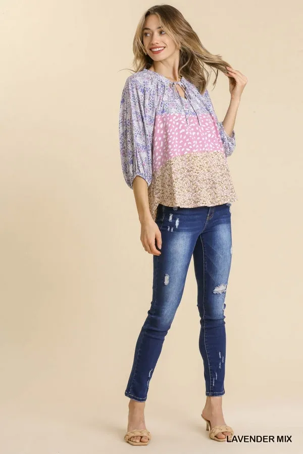 Mixed Colorblock Print Top, Lavender