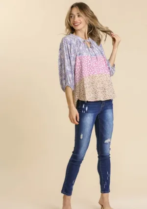 Mixed Colorblock Print Top, Lavender