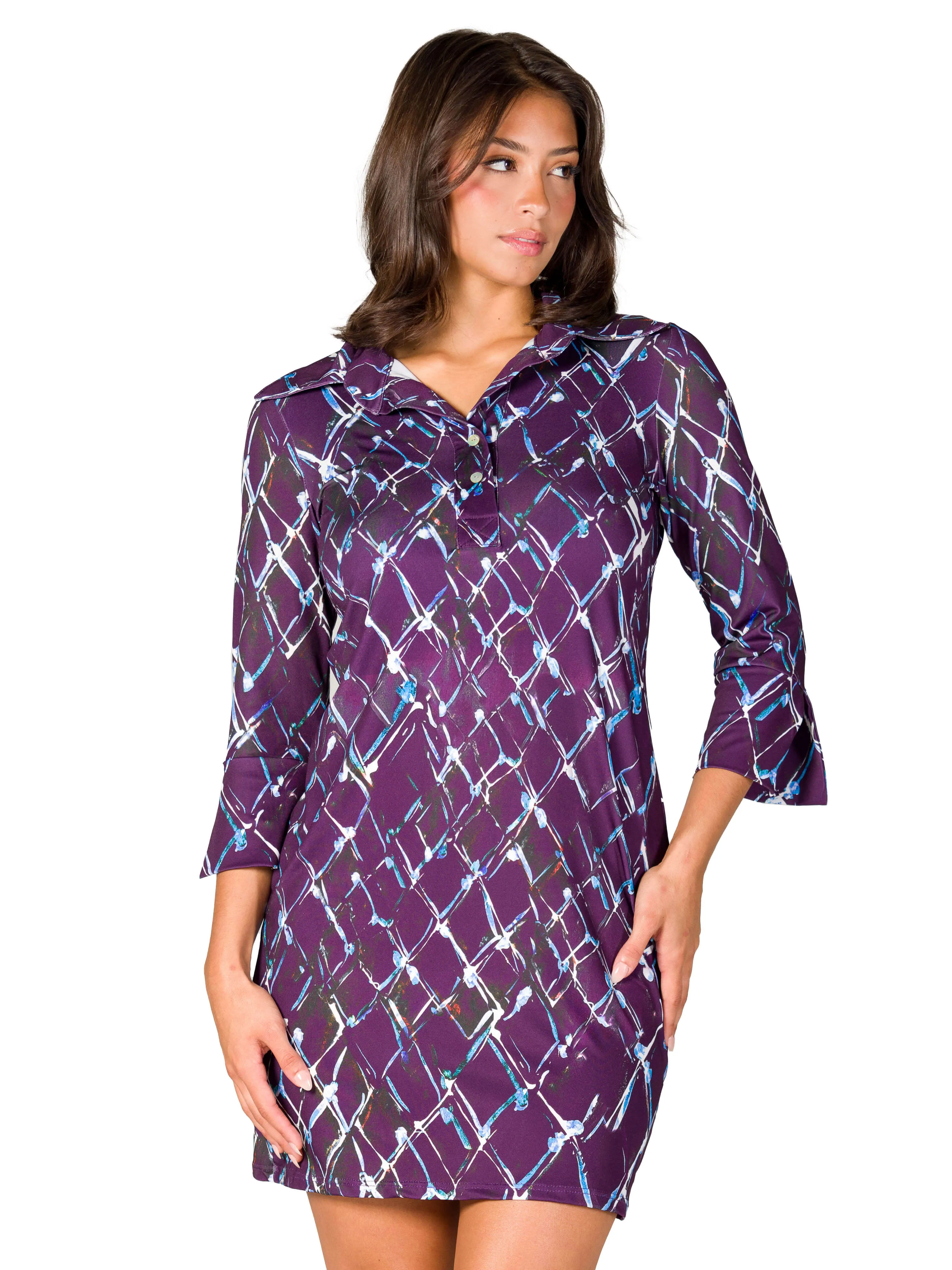 Purple Geometric Print Three Quarter Sleeve Collar Mini Dress