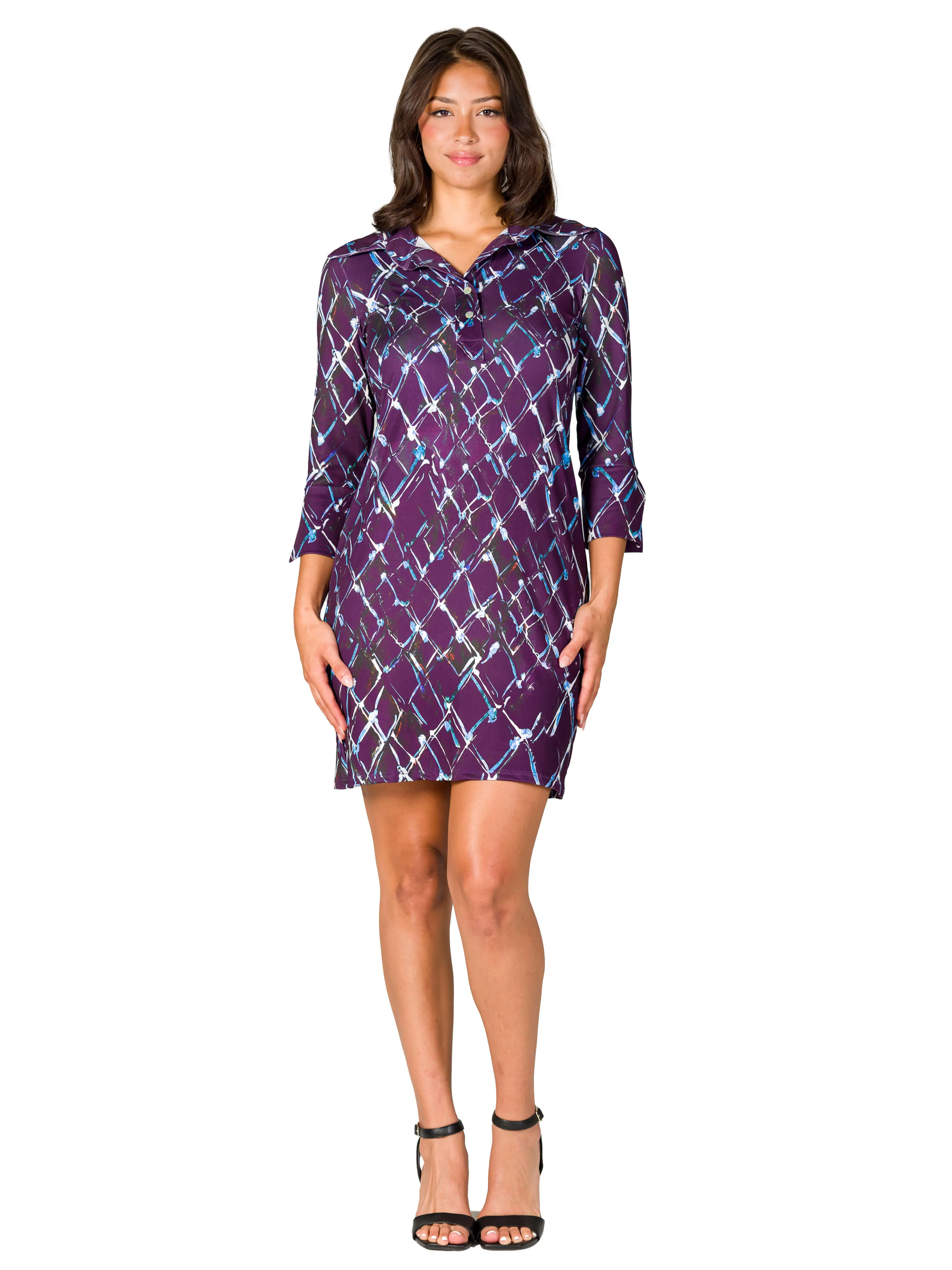 Purple Geometric Print Three Quarter Sleeve Collar Mini Dress