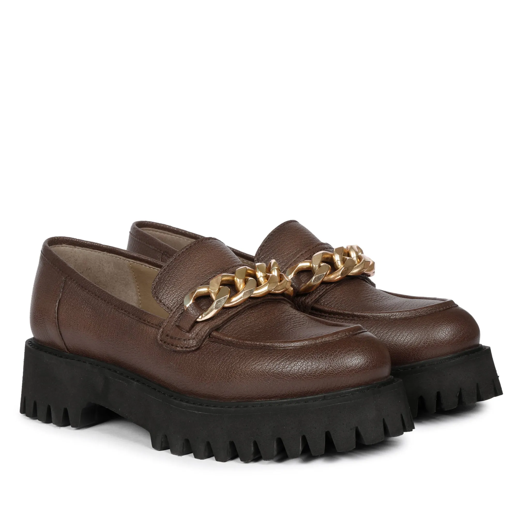 Saint Donna Gold Chain Embellished Brown Leather Moccasins