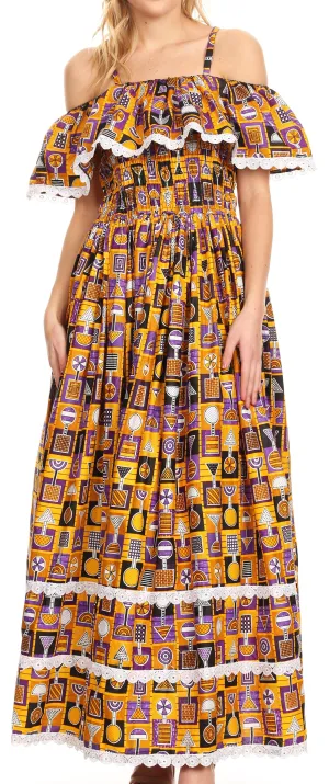 Sakkas Afua Women's Long Maxi African Ankara Wax Print with Overlay and Pockets