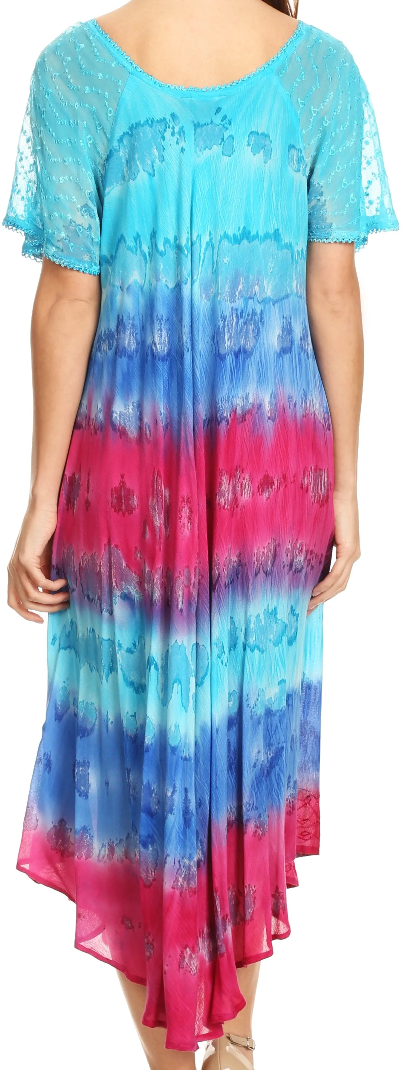 Sakkas Sula Long Laced Tie-Dye Wide Neck Embroidered Boho Sundress Cover Up