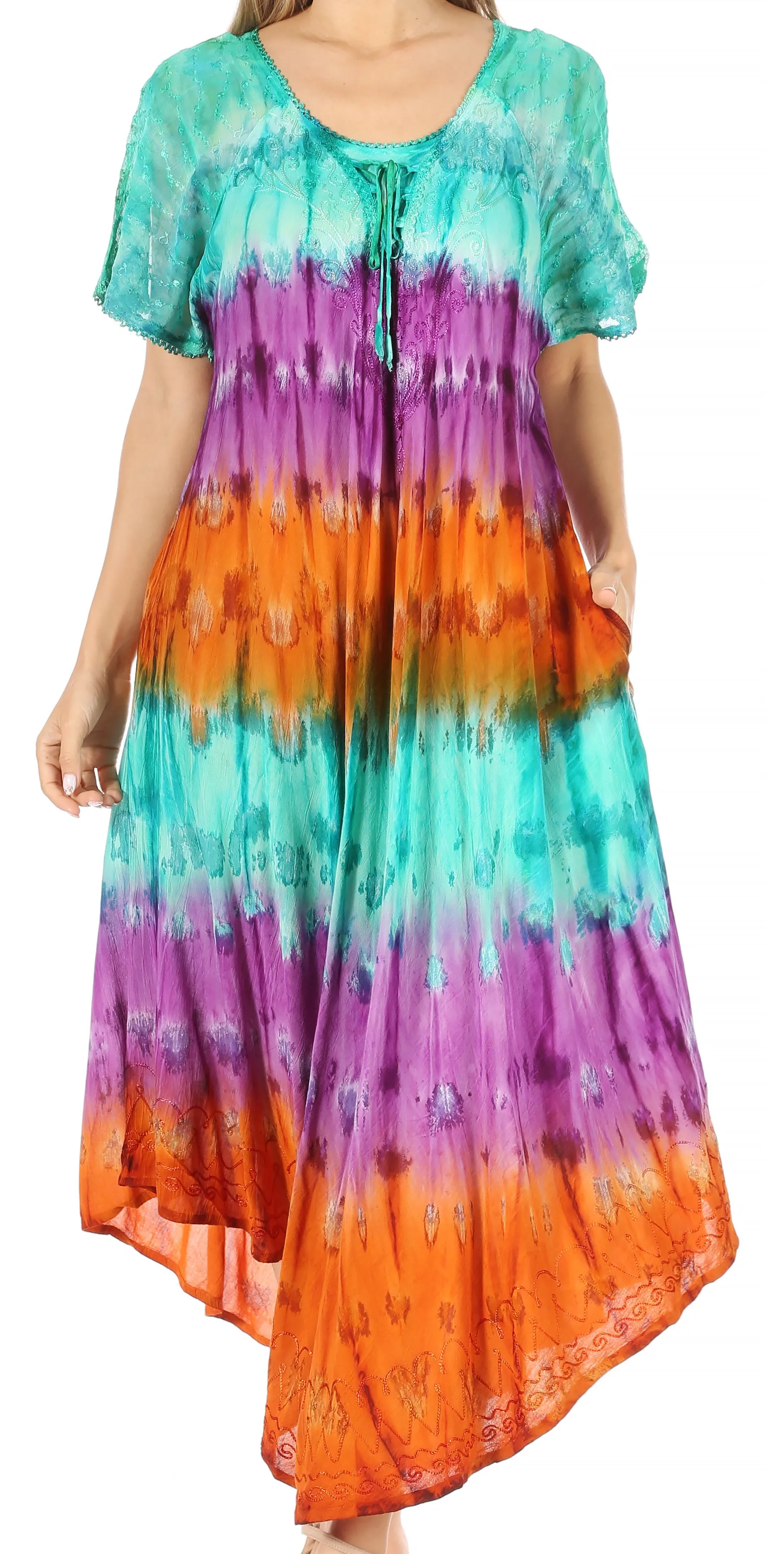 Sakkas Sula Long Laced Tie-Dye Wide Neck Embroidered Boho Sundress Cover Up