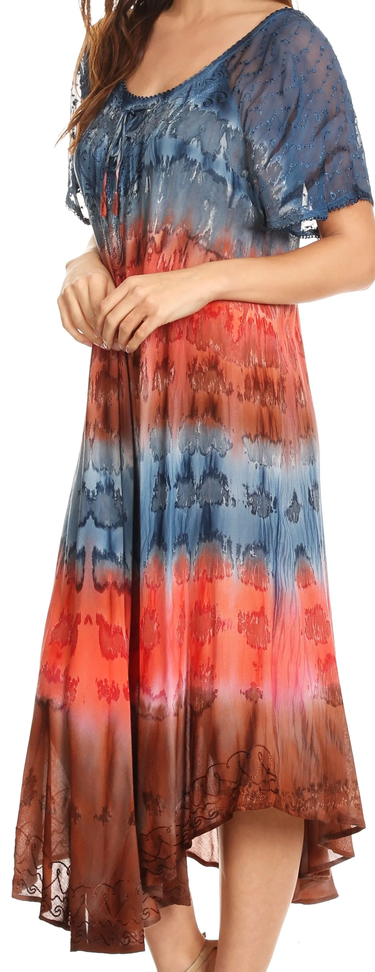 Sakkas Sula Long Laced Tie-Dye Wide Neck Embroidered Boho Sundress Cover Up