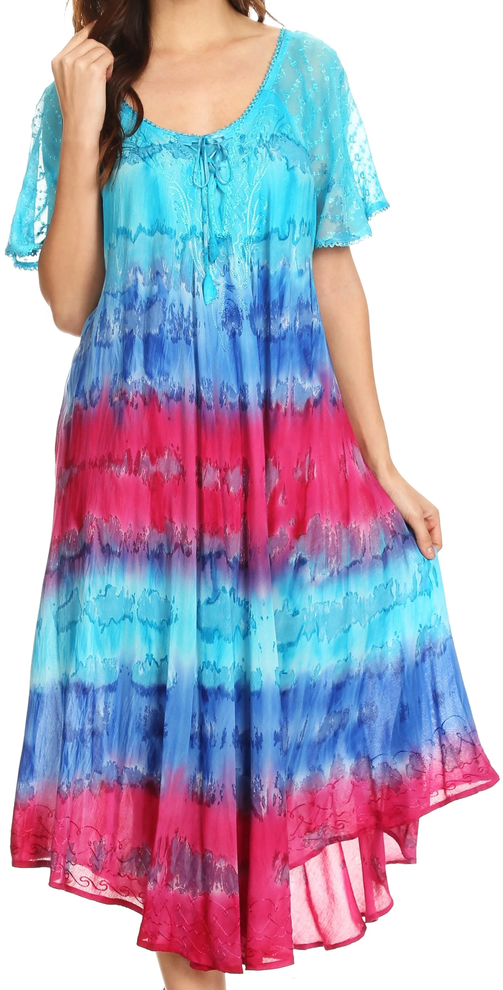 Sakkas Sula Long Laced Tie-Dye Wide Neck Embroidered Boho Sundress Cover Up