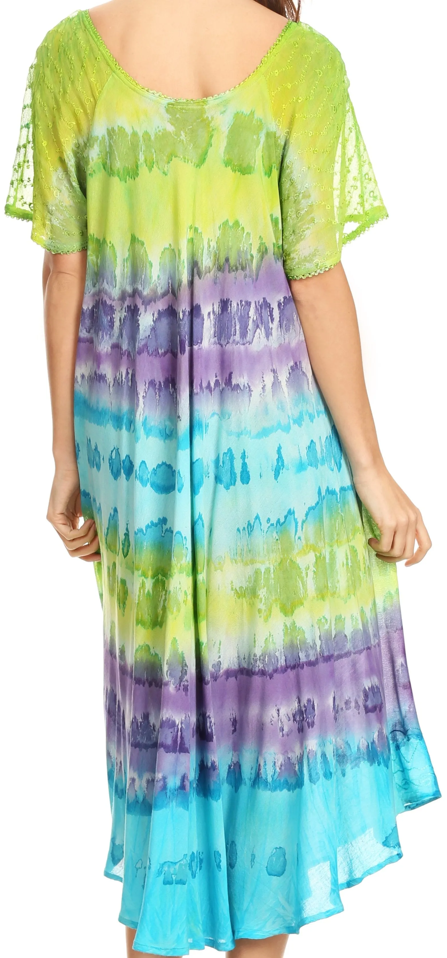 Sakkas Sula Long Laced Tie-Dye Wide Neck Embroidered Boho Sundress Cover Up