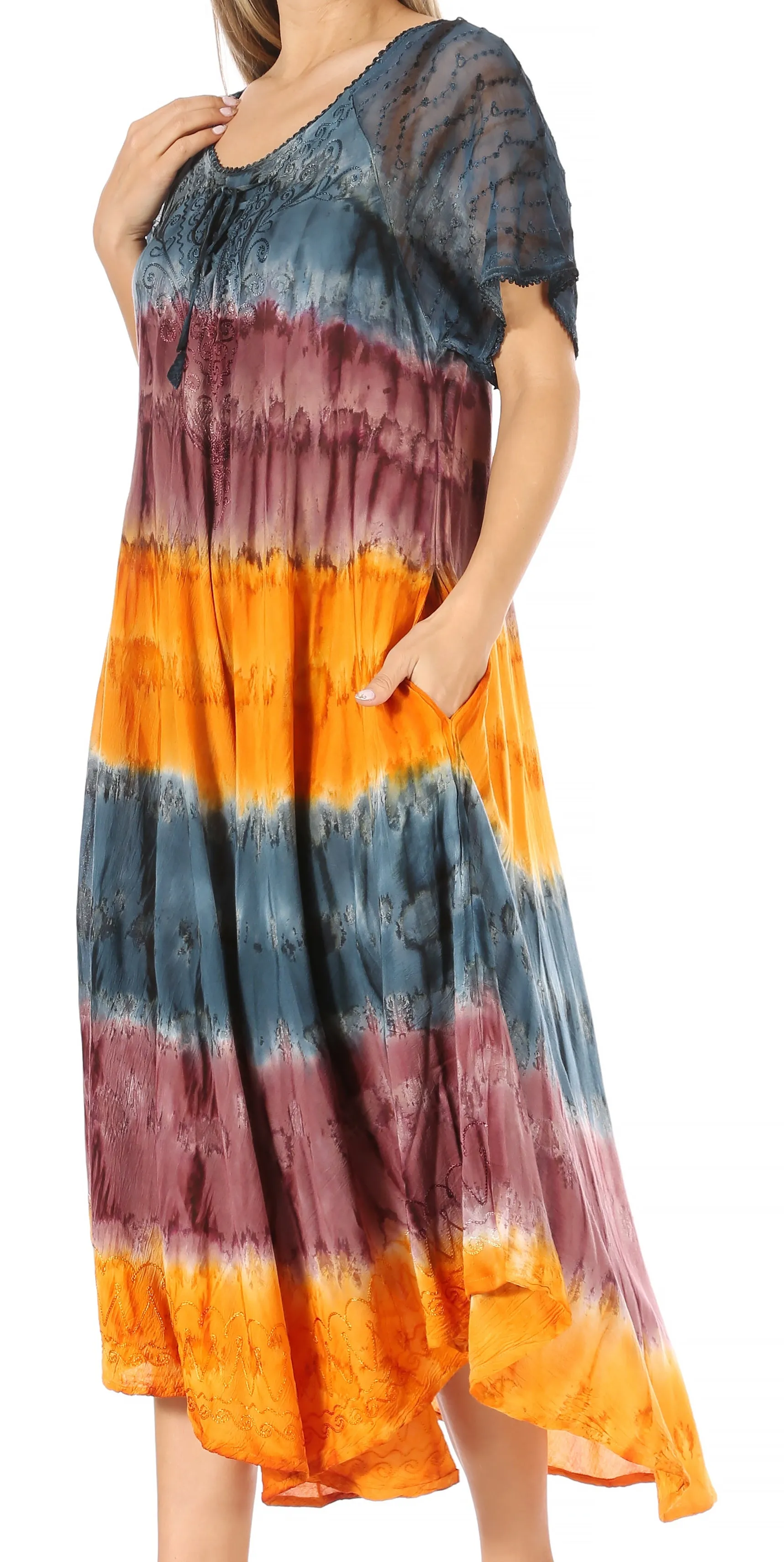 Sakkas Sula Long Laced Tie-Dye Wide Neck Embroidered Boho Sundress Cover Up