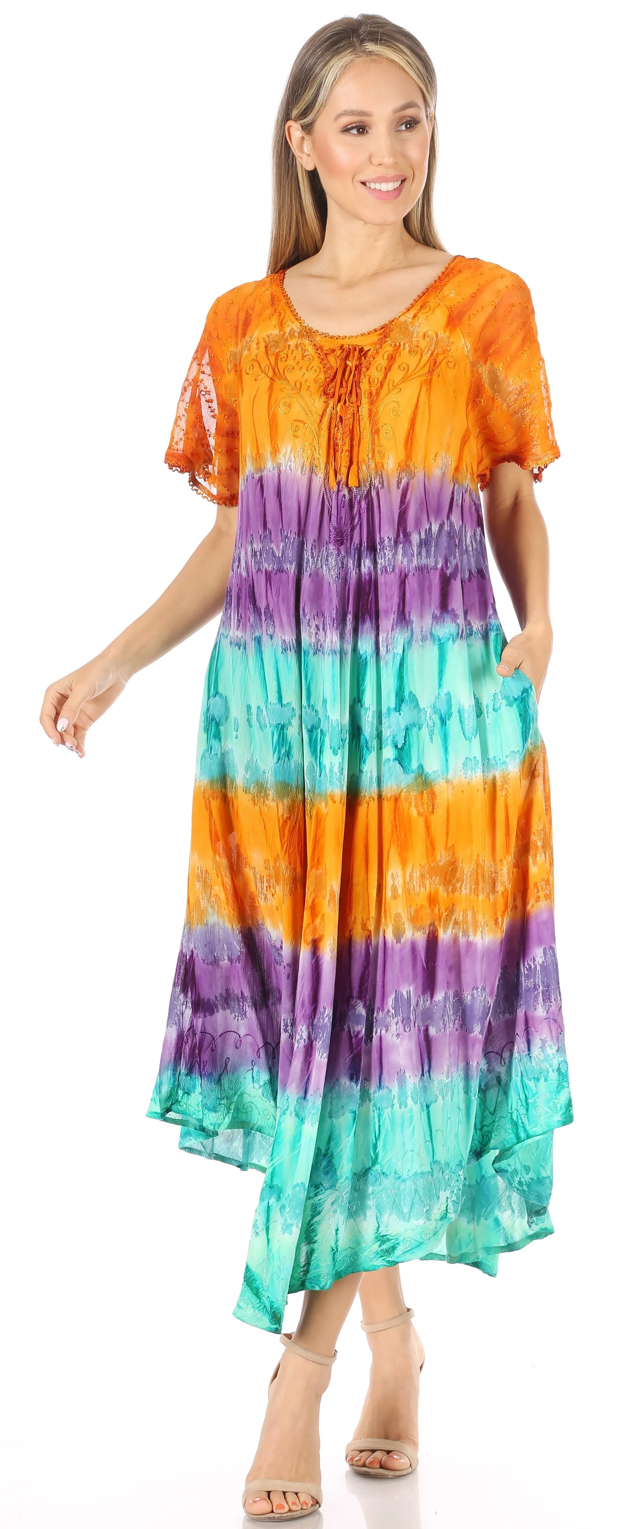 Sakkas Sula Long Laced Tie-Dye Wide Neck Embroidered Boho Sundress Cover Up