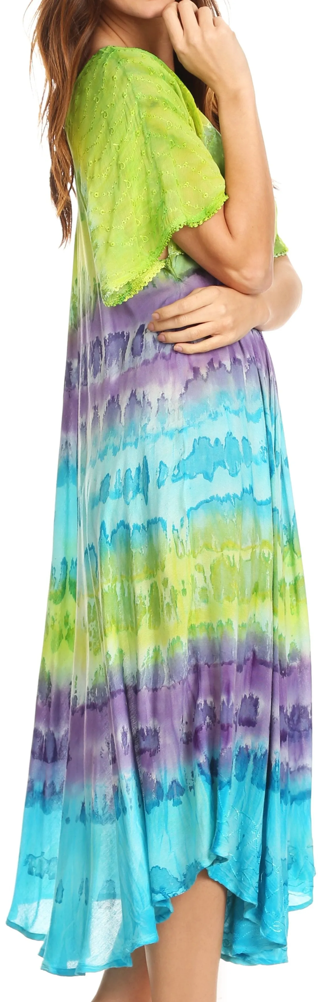 Sakkas Sula Long Laced Tie-Dye Wide Neck Embroidered Boho Sundress Cover Up