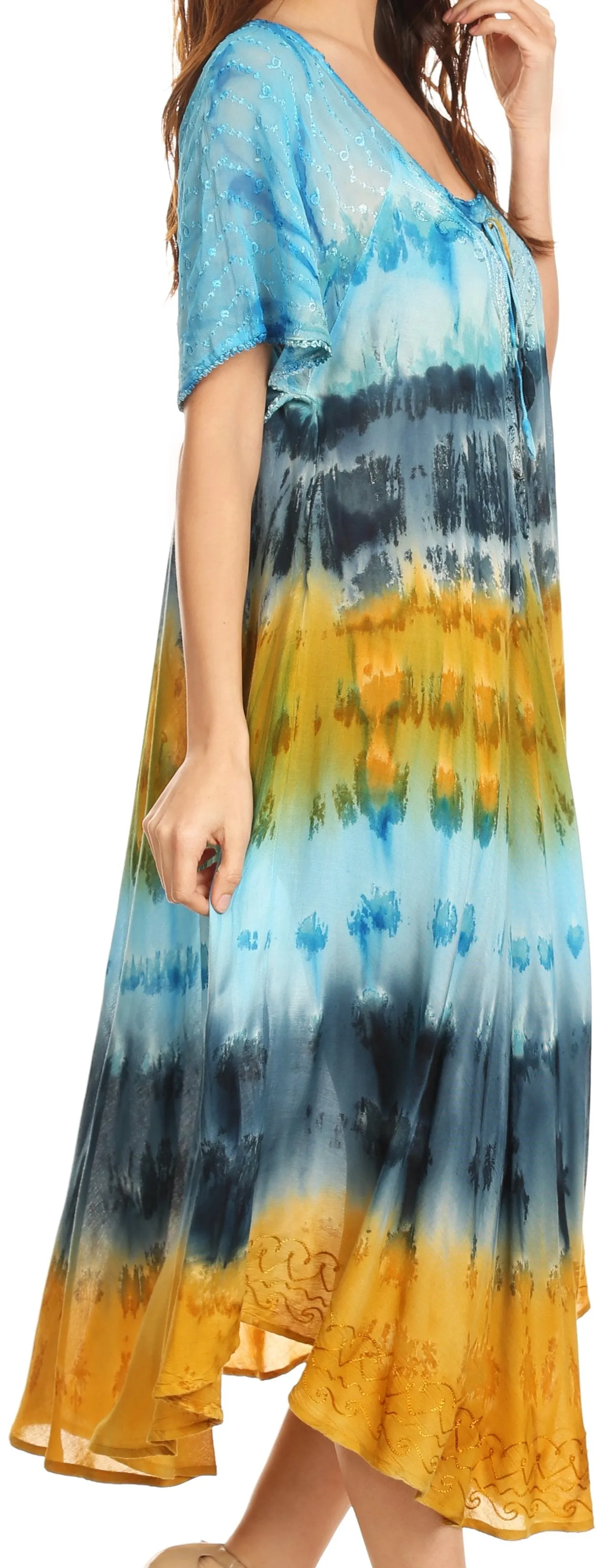 Sakkas Sula Long Laced Tie-Dye Wide Neck Embroidered Boho Sundress Cover Up