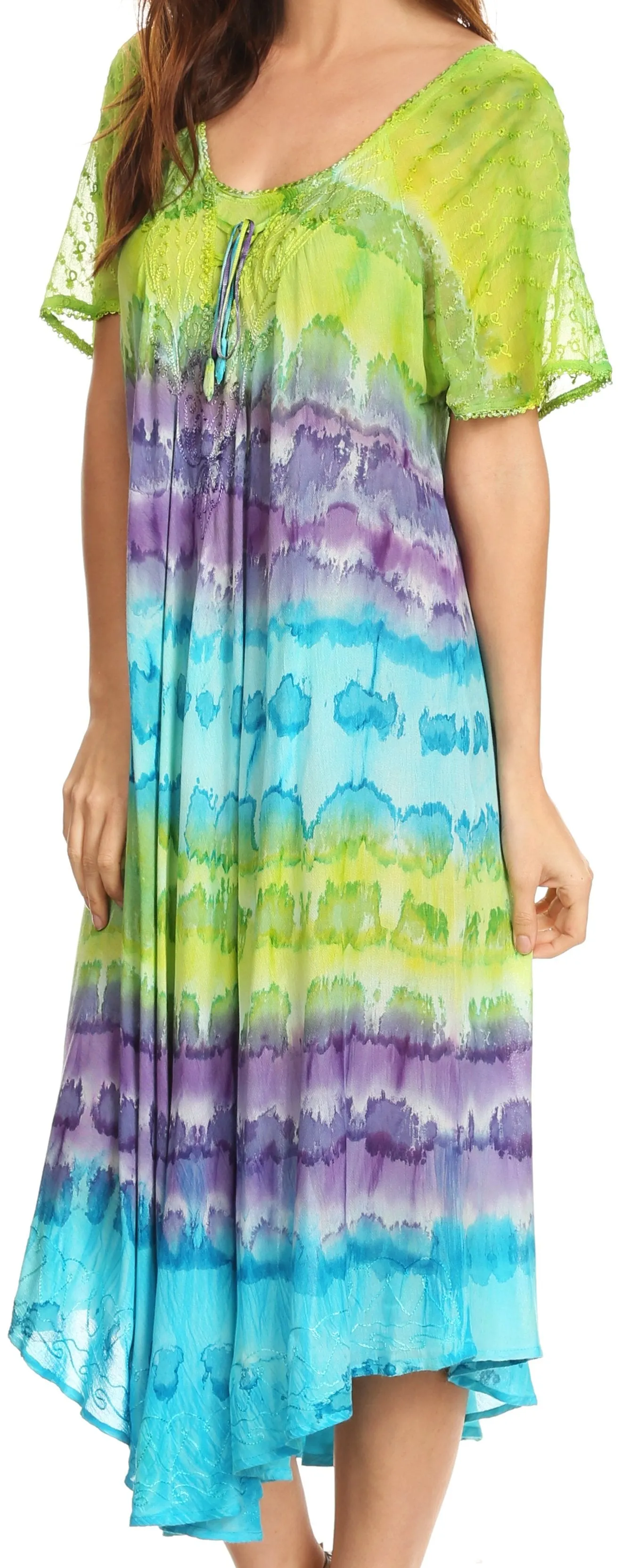 Sakkas Sula Long Laced Tie-Dye Wide Neck Embroidered Boho Sundress Cover Up