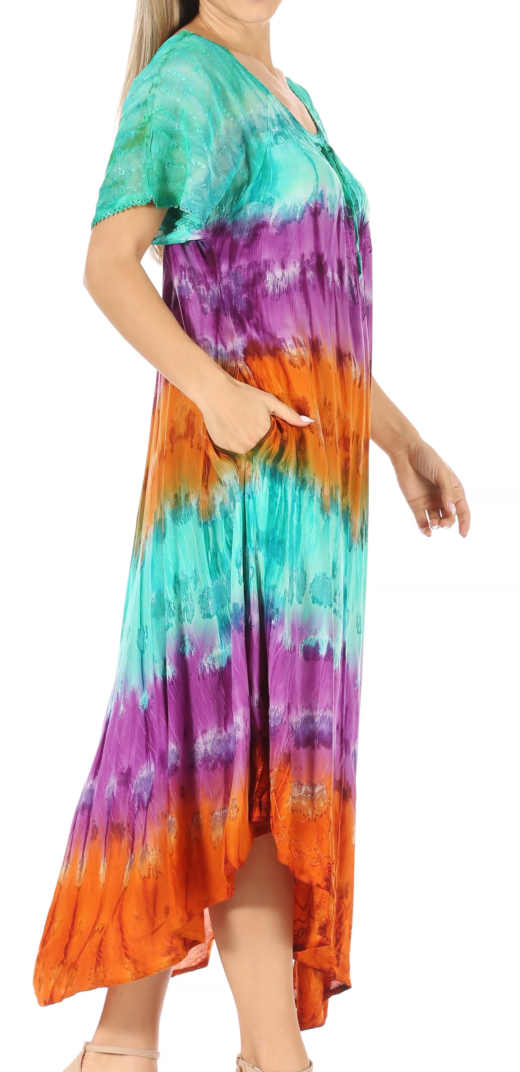 Sakkas Sula Long Laced Tie-Dye Wide Neck Embroidered Boho Sundress Cover Up