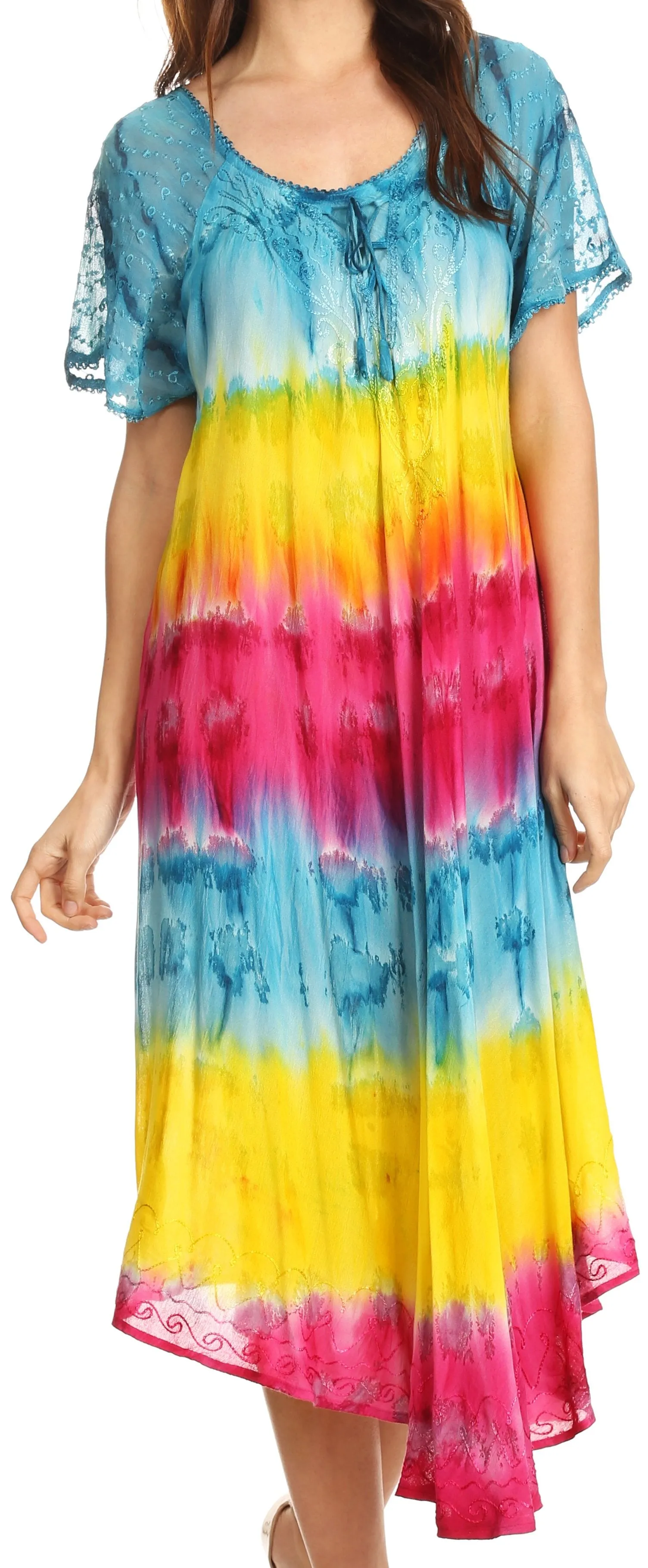 Sakkas Sula Long Laced Tie-Dye Wide Neck Embroidered Boho Sundress Cover Up