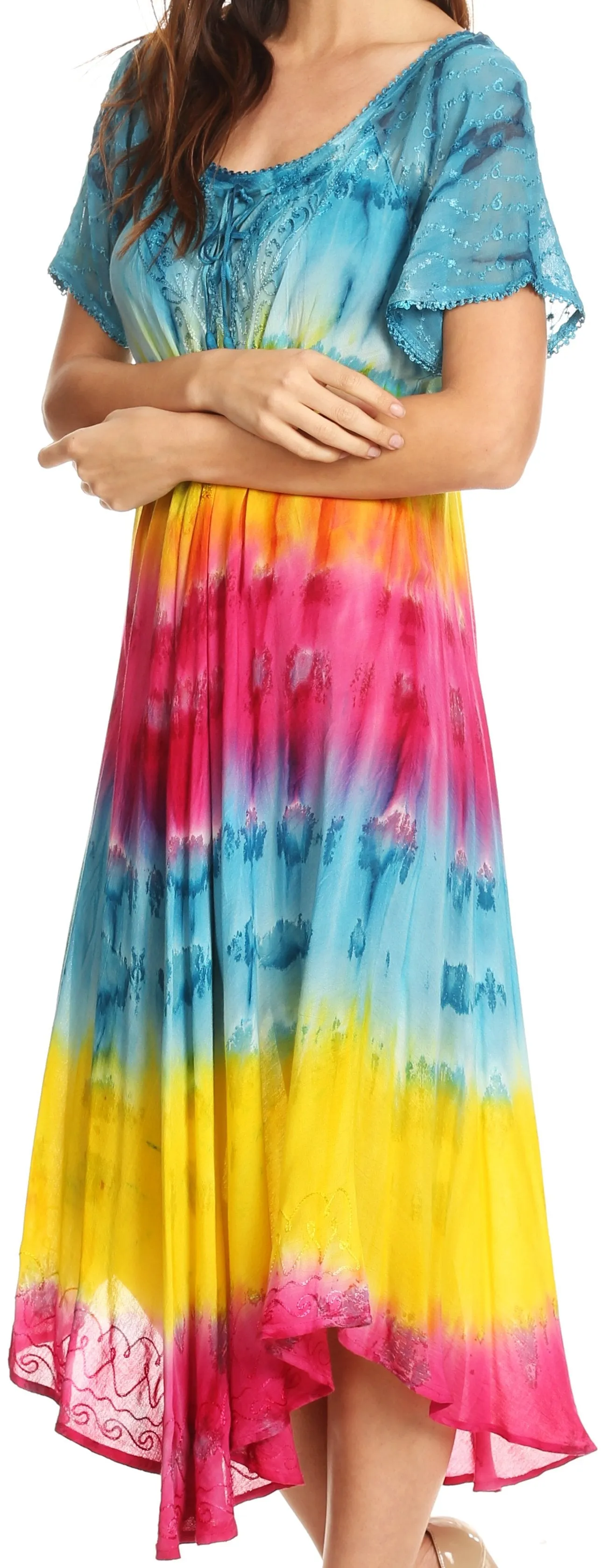 Sakkas Sula Long Laced Tie-Dye Wide Neck Embroidered Boho Sundress Cover Up