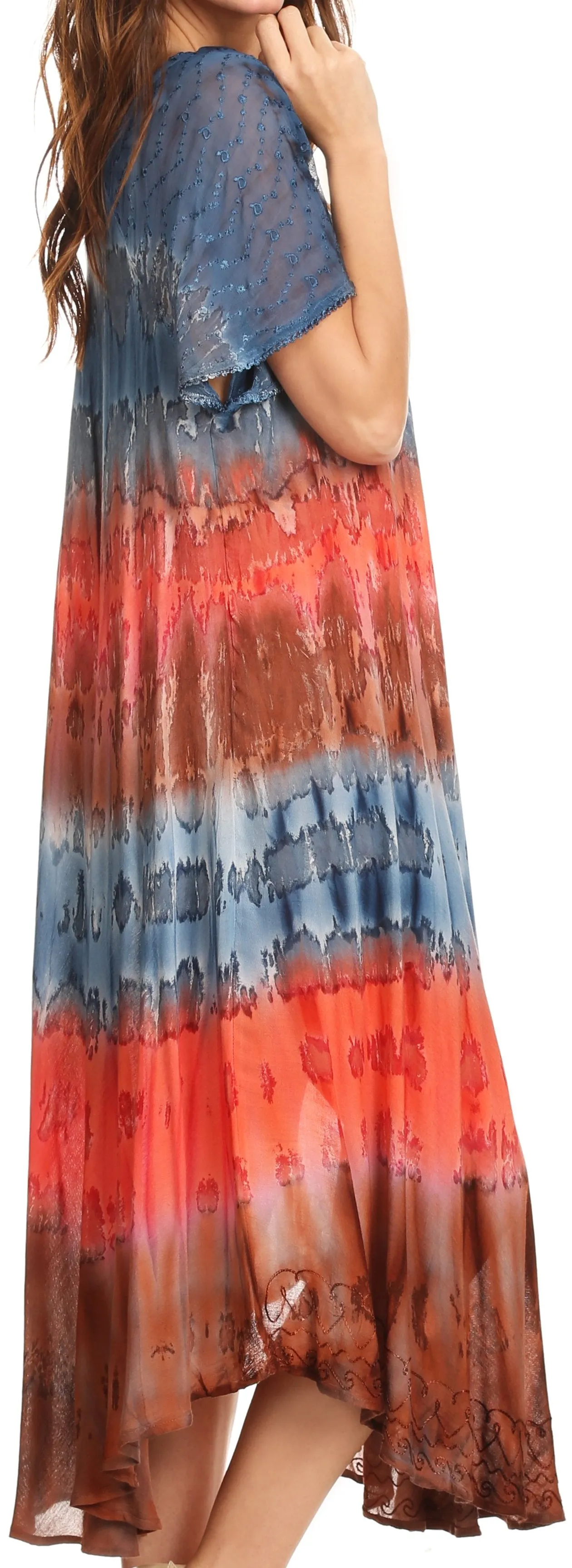 Sakkas Sula Long Laced Tie-Dye Wide Neck Embroidered Boho Sundress Cover Up