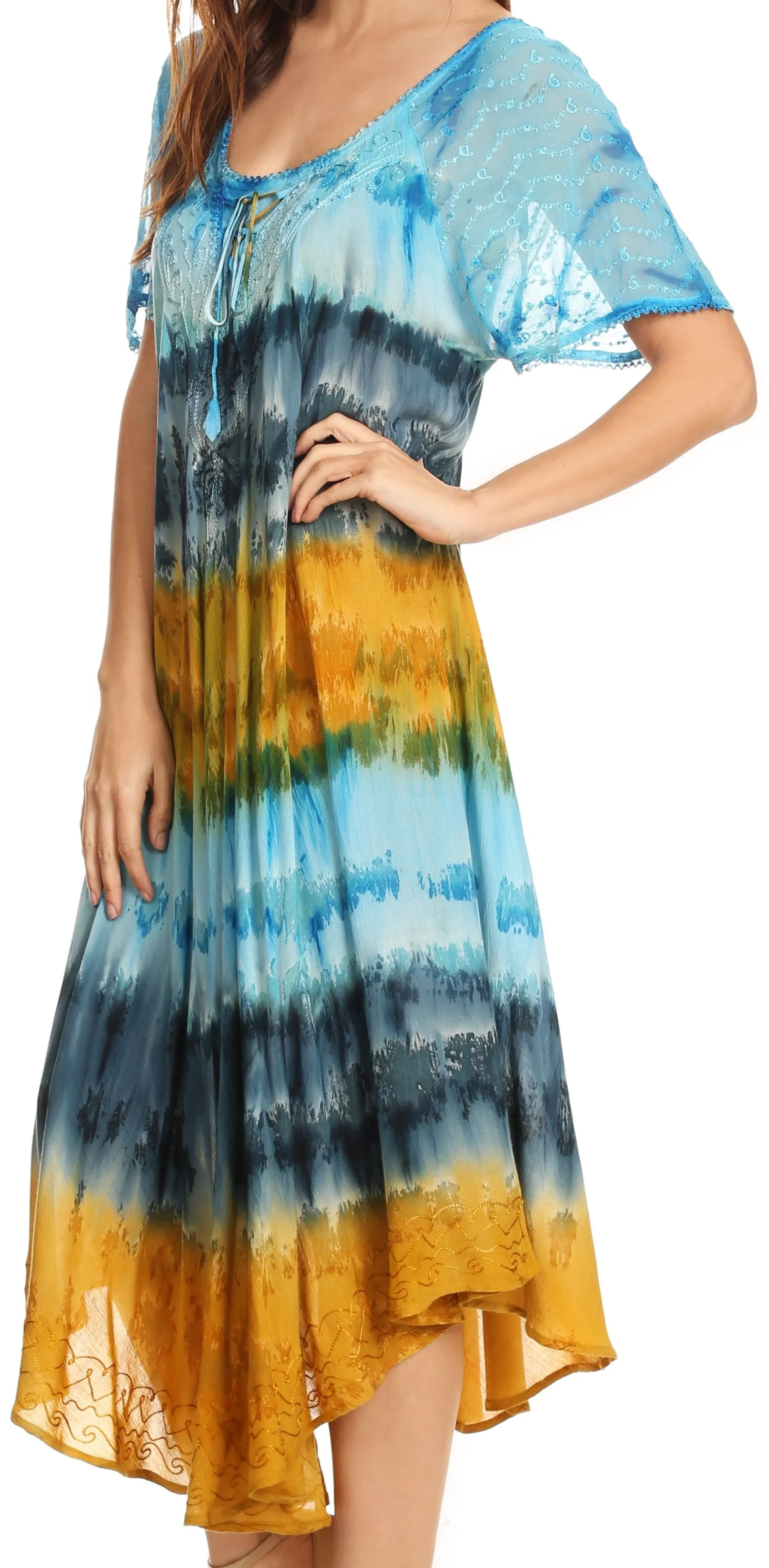 Sakkas Sula Long Laced Tie-Dye Wide Neck Embroidered Boho Sundress Cover Up