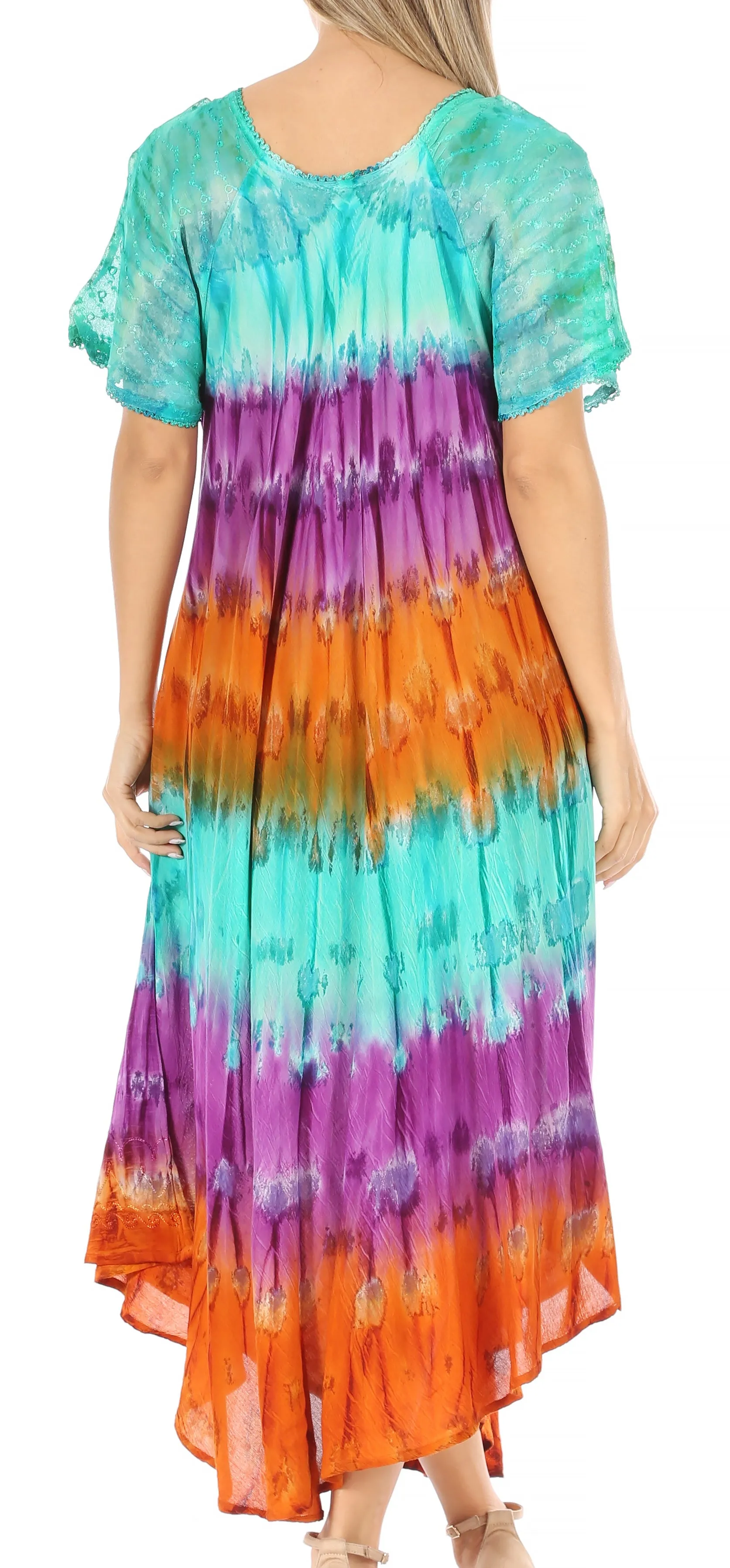 Sakkas Sula Long Laced Tie-Dye Wide Neck Embroidered Boho Sundress Cover Up