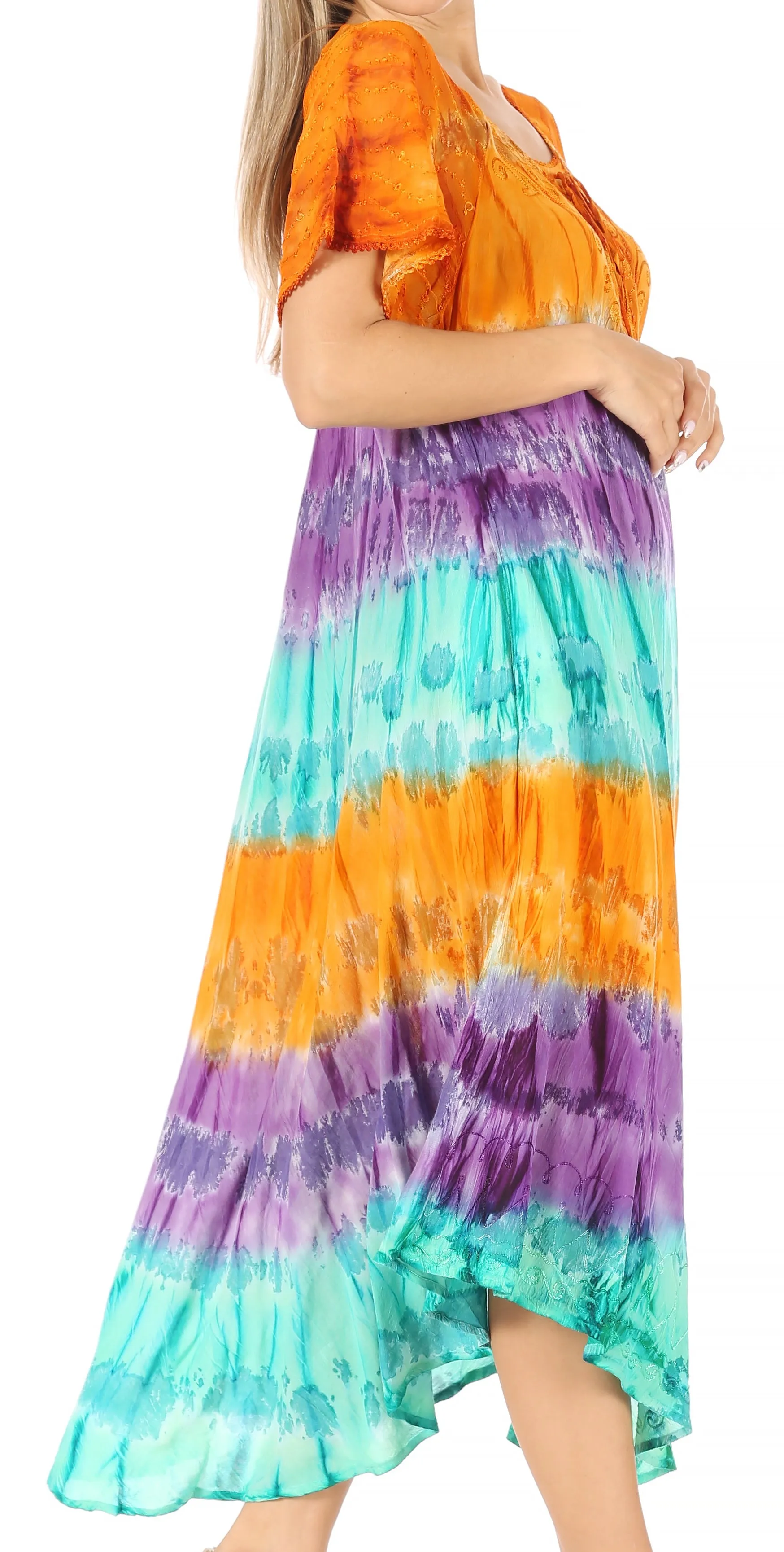 Sakkas Sula Long Laced Tie-Dye Wide Neck Embroidered Boho Sundress Cover Up