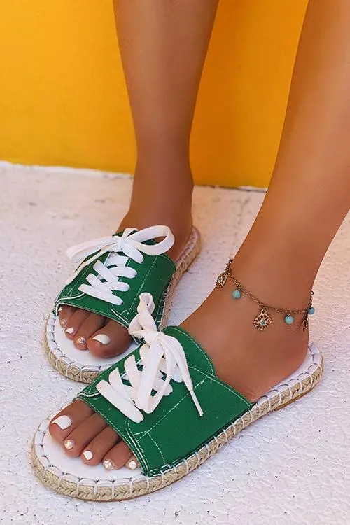 Straw Lace Up Flats Canvas Slippers