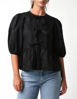 Tallulah Tie Adorned Black Linen Top