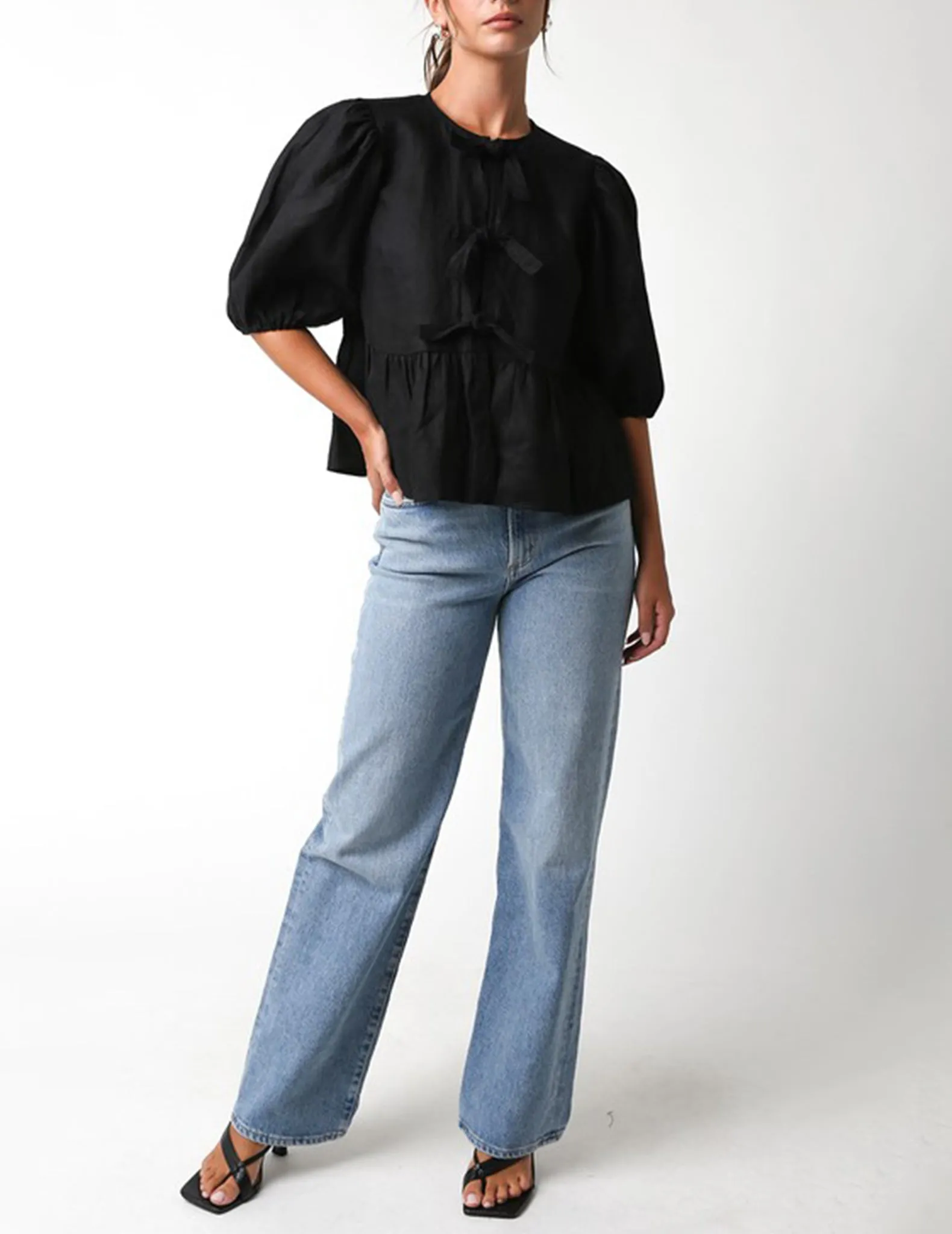 Tallulah Tie Adorned Black Linen Top