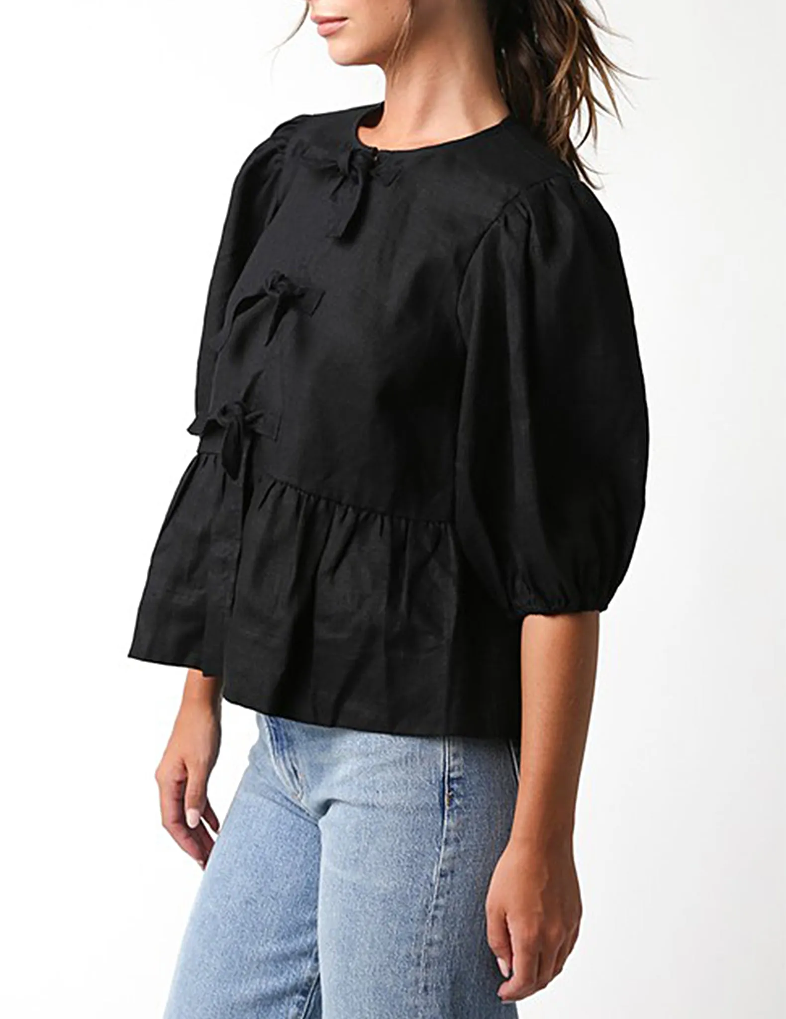 Tallulah Tie Adorned Black Linen Top